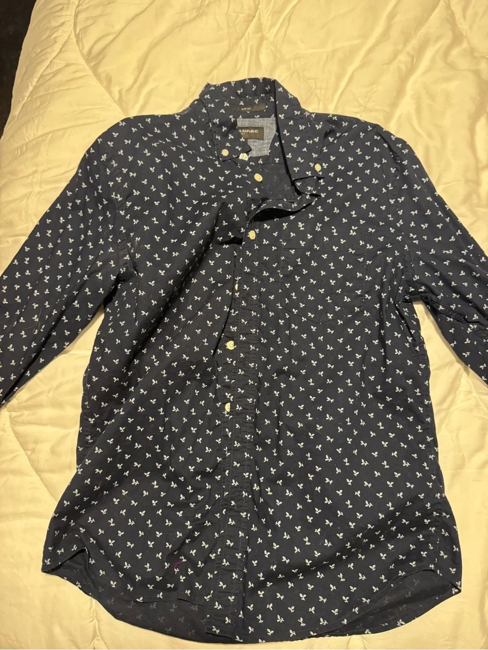 Banana Republic Navy Blue Button-Down Shirt with White Micro Print